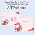 Load image into Gallery viewer, The envelope for Tree-Free’s Always Owl card, along with the following text: “Every Tree-Free 5x7 card comes with a matching ARTvelope!”