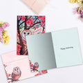 Load image into Gallery viewer, The inside of Tree-Free’s Always Owl card, with the cover and envelope in the background.