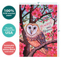 Load image into Gallery viewer, The cover of Tree-Free’s Always Owl card with lines demonstrating its 5x7 dimensions, along with the following text: “100% PCW recycled paper, proudly made in the USA, sustainably printed on extra-thick card stock”