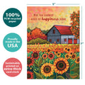 Load image into Gallery viewer, The cover of Tree-Free’s Autumn Farm card with lines demonstrating its 5x7 dimensions, along with the following text: “100% PCW recycled paper, proudly made in the USA, sustainably printed on extra-thick card stock”
