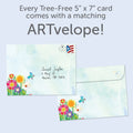 Load image into Gallery viewer, The envelope for Tree-Free’s Bright Sunshiny Day card, along with the following text: “Every Tree-Free 5x7 card comes with a matching ARTvelope!”