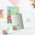 Load image into Gallery viewer, The inside of Tree-Free’s Bright Sunshiny Day card, with the cover and envelope in the background.