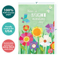 Load image into Gallery viewer, The cover of Tree-Free’s Bright Sunshiny Day card with lines demonstrating its 5x7 dimensions, along with the following text: “100% PCW recycled paper, proudly made in the USA, sustainably printed on extra-thick card stock”