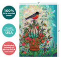 Load image into Gallery viewer, The cover of Tree-Free’s Bird Songs card with lines demonstrating its 5x7 dimensions, along with the following text: “100% PCW recycled paper, proudly made in the USA, sustainably printed on extra-thick card stock”