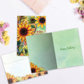Load image into Gallery viewer, The inside of Tree-Free’s Thankful Sunshine card, with the cover and envelope in the background.