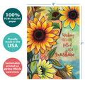 Load image into Gallery viewer, The cover of Tree-Free’s Thankful Sunshine card with lines demonstrating its 5x7 dimensions, along with the following text: “100% PCW recycled paper, proudly made in the USA, sustainably printed on extra-thick card stock”