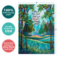 Load image into Gallery viewer, The cover of Tree-Free’s Happy Place card with lines demonstrating its 5x7 dimensions, along with the following text: “100% PCW recycled paper, proudly made in the USA, sustainably printed on extra-thick card stock”