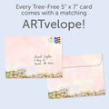 Load image into Gallery viewer, The envelope for Tree-Free’s Blue Skies and Sunshine card, along with the following text: “Every Tree-Free 5x7 card comes with a matching ARTvelope!”