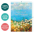 Load image into Gallery viewer, The cover of Tree-Free’s Blue Skies and Sunshine card with lines demonstrating its 5x7 dimensions, along with the following text: “100% PCW recycled paper, proudly made in the USA, sustainably printed on extra-thick card stock”