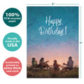 Load image into Gallery viewer, The cover of Tree-Free’s Lakeside Campfire card with lines demonstrating its 5x7 dimensions, along with the following text: “100% PCW recycled paper, proudly made in the USA, sustainably printed on extra-thick card stock”