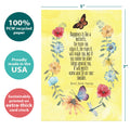 Load image into Gallery viewer, The cover of Tree-Free’s Happy Butterflies card with lines demonstrating its 5x7 dimensions, along with the following text: “100% PCW recycled paper, proudly made in the USA, sustainably printed on extra-thick card stock”