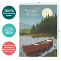 Load image into Gallery viewer, The cover of Tree-Free’s Serene Canoe card with lines demonstrating its 5x7 dimensions, along with the following text: “100% PCW recycled paper, proudly made in the USA, sustainably printed on extra-thick card stock”