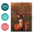 Load image into Gallery viewer, The cover of Tree-Free’s Deer Qualities card with lines demonstrating its 5x7 dimensions, along with the following text: “100% PCW recycled paper, proudly made in the USA, sustainably printed on extra-thick card stock”