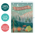 Load image into Gallery viewer, The cover of Tree-Free’s Great Time Camping card with lines demonstrating its 5x7 dimensions, along with the following text: “100% PCW recycled paper, proudly made in the USA, sustainably printed on extra-thick card stock”