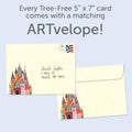 Load image into Gallery viewer, The inside of Tree-Free’s Fairytale Wishes card, with the cover and envelope in the background.