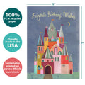 Load image into Gallery viewer, The cover of Tree-Free’s Fairytale Wishes card with lines demonstrating its 5x7 dimensions, along with the following text: “100% PCW recycled paper, proudly made in the USA, sustainably printed on extra-thick card stock”