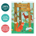 Load image into Gallery viewer, The cover of Tree-Free’s Wild and Free Woodland card with lines demonstrating its 5x7 dimensions, along with the following text: “100% PCW recycled paper, proudly made in the USA, sustainably printed on extra-thick card stock”