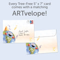 Load image into Gallery viewer, The envelope for Tree-Free’s Happier World card, along with the following text: “Every Tree-Free 5x7 card comes with a matching ARTvelope!”
