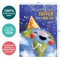 Load image into Gallery viewer, The cover of Tree-Free’s Happier World card with lines demonstrating its 5x7 dimensions, along with the following text: “100% PCW recycled paper, proudly made in the USA, sustainably printed on extra-thick card stock”