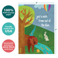 Load image into Gallery viewer, The cover of Tree-Free’s Blue Forest card with lines demonstrating its 5x7 dimensions, along with the following text: “100% PCW recycled paper, proudly made in the USA, sustainably printed on extra-thick card stock”