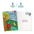 Load image into Gallery viewer, The cover and inside of Tree-Free’s Blue Forest card, along with the following text: “1 greeting card, 1 matching envelope”