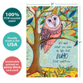 Load image into Gallery viewer, The cover of Tree-Free’s Owl Matters card with lines demonstrating its 5x7 dimensions, along with the following text: “100% PCW recycled paper, proudly made in the USA, sustainably printed on extra-thick card stock”