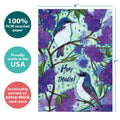 Load image into Gallery viewer, The cover of Tree-Free’s Hey There Birds card with lines demonstrating its 5x7 dimensions, along with the following text: “100% PCW recycled paper, proudly made in the USA, sustainably printed on extra-thick card stock”