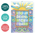 Load image into Gallery viewer, The cover of Tree-Free’s Brand New Day card with lines demonstrating its 5x7 dimensions, along with the following text: “100% PCW recycled paper, proudly made in the USA, sustainably printed on extra-thick card stock”