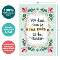 Load image into Gallery viewer, The cover of Tree-Free’s Be Ready card with lines demonstrating its 5x7 dimensions, along with the following text: “100% PCW recycled paper, proudly made in the USA, sustainably printed on extra-thick card stock”