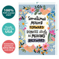 Load image into Gallery viewer, The cover of Tree-Free’s Moving Forward card with lines demonstrating its 5x7 dimensions, along with the following text: “100% PCW recycled paper, proudly made in the USA, sustainably printed on extra-thick card stock”
