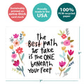 Load image into Gallery viewer, The cover of Tree-Free’s Best Path card with lines demonstrating its 5x7 dimensions, along with the following text: “100% PCW recycled paper, proudly made in the USA, sustainably printed on extra-thick card stock”