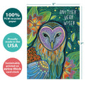 Load image into Gallery viewer, The cover of Tree-Free’s Another Year Wiser card with lines demonstrating its 5x7 dimensions, along with the following text: “100% PCW recycled paper, proudly made in the USA, sustainably printed on extra-thick card stock”