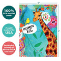 Load image into Gallery viewer, The cover of Tree-Free’s Hello Giraffe card with lines demonstrating its 5x7 dimensions, along with the following text: “100% PCW recycled paper, proudly made in the USA, sustainably printed on extra-thick card stock”