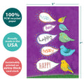 Load image into Gallery viewer, The cover of Tree-Free’s Happy Birds card with lines demonstrating its 5x7 dimensions, along with the following text: “100% PCW recycled paper, proudly made in the USA, sustainably printed on extra-thick card stock”