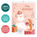 Load image into Gallery viewer, The cover of Tree-Free’s Comfort Joy Snowman card with lines demonstrating its 5x7 dimensions, along with the following text: “100% PCW recycled paper, proudly made in the USA, sustainably printed on extra-thick card stock”