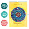 Load image into Gallery viewer, The cover of Tree-Free’s Warmth of Summer card with lines demonstrating its 5x7 dimensions, along with the following text: “100% PCW recycled paper, proudly made in the USA, sustainably printed on extra-thick card stock”