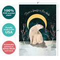 Load image into Gallery viewer, The cover of Tree-Free’s Peace and Quiet card with lines demonstrating its 5x7 dimensions, along with the following text: “100% PCW recycled paper, proudly made in the USA, sustainably printed on extra-thick card stock”