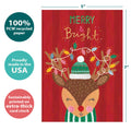 Load image into Gallery viewer, The cover of Tree-Free’s Merry Bright Reindeer card with lines demonstrating its 5x7 dimensions, along with the following text: “100% PCW recycled paper, proudly made in the USA, sustainably printed on extra-thick card stock”