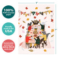 Load image into Gallery viewer, The cover of Tree-Free’s Thankful Feast card with lines demonstrating its 5x7 dimensions, along with the following text: “100% PCW recycled paper, proudly made in the USA, sustainably printed on extra-thick card stock”