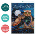 Load image into Gallery viewer, The cover of Tree-Free’s Long Winter Night card with lines demonstrating its 5x7 dimensions, along with the following text: “100% PCW recycled paper, proudly made in the USA, sustainably printed on extra-thick card stock”