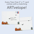Load image into Gallery viewer, The envelope for Tree-Free’s Spooky and Fun card, along with the following text: “Every Tree-Free 5x7 card comes with a matching ARTvelope!”