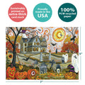 Load image into Gallery viewer, The cover of Tree-Free’s Spooky and Fun card with lines demonstrating its 5x7 dimensions, along with the following text: “100% PCW recycled paper, proudly made in the USA, sustainably printed on extra-thick card stock”