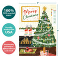 Load image into Gallery viewer, The cover of Tree-Free’s Warmth This Season card with lines demonstrating its 5x7 dimensions, along with the following text: “100% PCW recycled paper, proudly made in the USA, sustainably printed on extra-thick card stock”