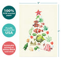 Load image into Gallery viewer, The cover of Tree-Free’s Beachy Tree card with lines demonstrating its 5x7 dimensions, along with the following text: “100% PCW recycled paper, proudly made in the USA, sustainably printed on extra-thick card stock”