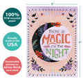 Load image into Gallery viewer, The cover of Tree-Free’s Night Magic card with lines demonstrating its 5x7 dimensions, along with the following text: “100% PCW recycled paper, proudly made in the USA, sustainably printed on extra-thick card stock”