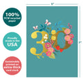 Load image into Gallery viewer, The cover of Tree-Free’s Joyful 30 card with lines demonstrating its 5x7 dimensions, along with the following text: “100% PCW recycled paper, proudly made in the USA, sustainably printed on extra-thick card stock”