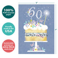 Load image into Gallery viewer, The cover of Tree-Free’s Joyful 60 card with lines demonstrating its 5x7 dimensions, along with the following text: “100% PCW recycled paper, proudly made in the USA, sustainably printed on extra-thick card stock”