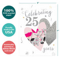 Load image into Gallery viewer, The cover of Tree-Free’s Silver Celebration card with lines demonstrating its 5x7 dimensions, along with the following text: “100% PCW recycled paper, proudly made in the USA, sustainably printed on extra-thick card stock”