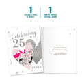 Load image into Gallery viewer, The cover and inside of Tree-Free’s Silver Celebration card, along with the following text: “1 greeting card, 1 matching envelope”