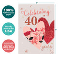Load image into Gallery viewer, The cover of Tree-Free’s Ruby Celebration card with lines demonstrating its 5x7 dimensions, along with the following text: “100% PCW recycled paper, proudly made in the USA, sustainably printed on extra-thick card stock”